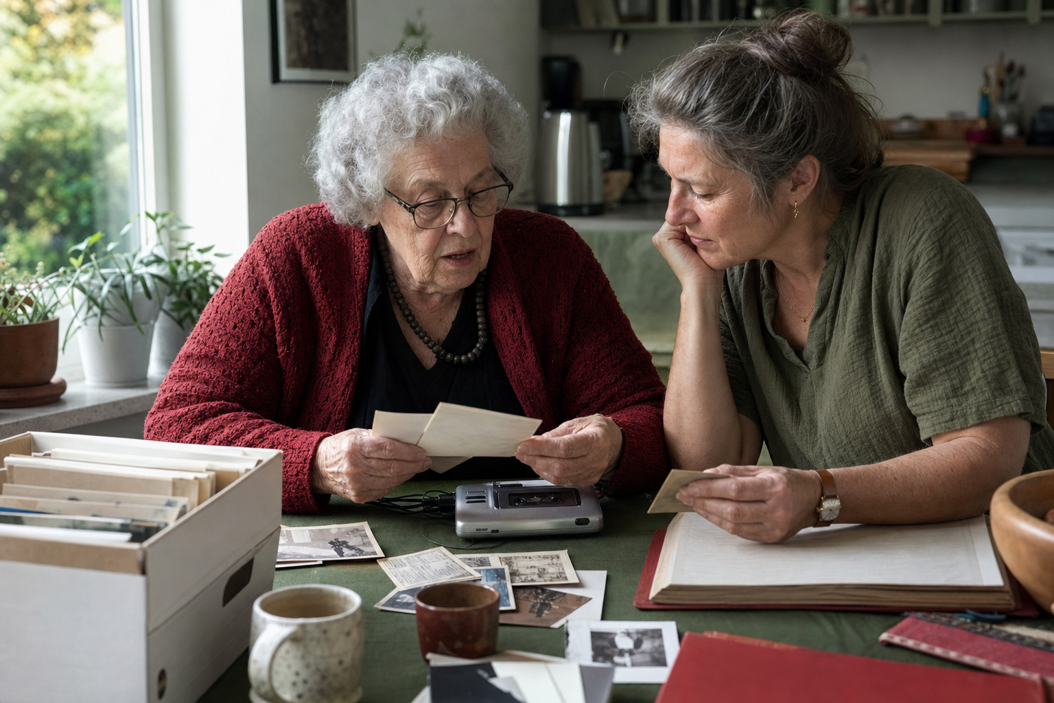 Twee generaties bekijken oude familiefoto’s naast een cassetterecorder en archiefdoos