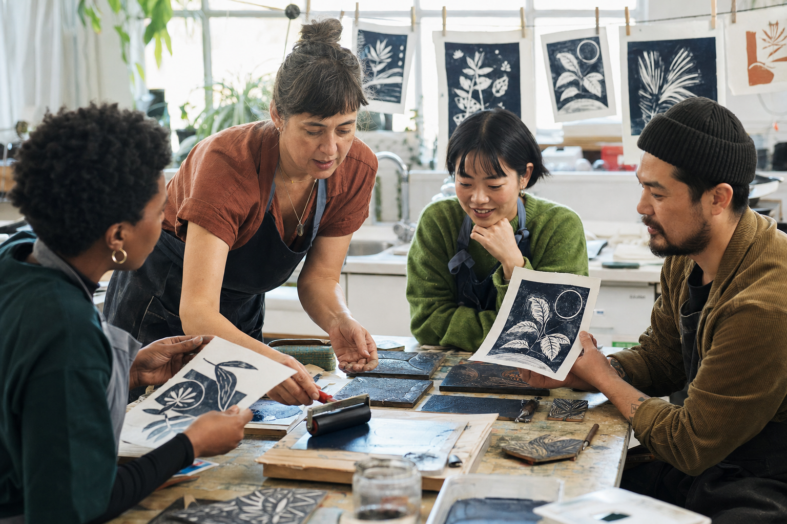 Deelnemers vergelijken verse linodrukken tijdens een workshop aan een werktafel